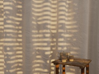  Minimalist tea time mockup table with ceramic set and blinds shadow on sheer curtain background