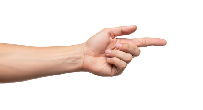 Isolated hand pointing forward, Caucasian male gesturing to something, direction, choice