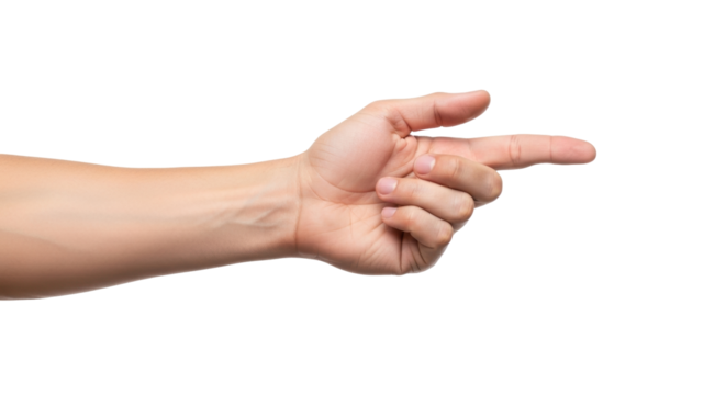 Isolated hand pointing forward, Caucasian male gesturing to something, direction, choice