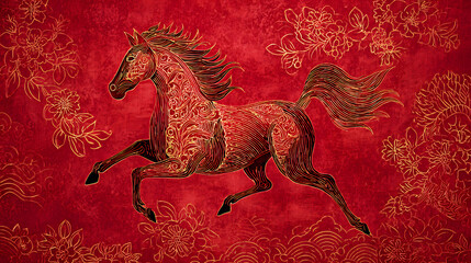 Vibrant Red Horse Running with Flowing Mane,Chinese zodiac