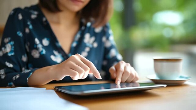 A woman uses a tablet for tax return calculations filling out VAT forms online her desk with financial papers and a tea mug morning light streaming in tax return preparation