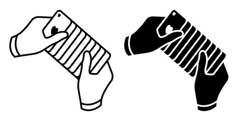 Line icon. Hands of a casino croupier, clad in white gloves, dexterously shuffle a deck of playing cards. Simple black and white vector isolated on white background