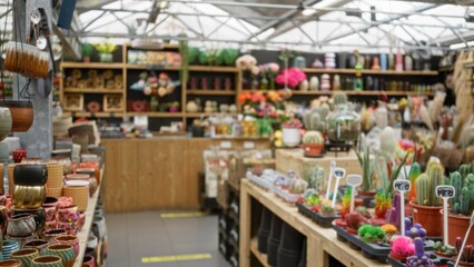 Flower shop with blurred colorful display of cacti and pots arranged neatly showcasing various plants and decorative items under bright natural light in a bustling florist environment.