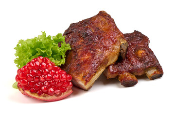 Grilled Ribs with Pomegranate and Lettuce, isolated on white background