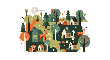 Whimsical Forest Village Illustration with Animals and Cozy Houses.