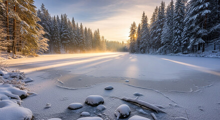 Serene winter landscape with snowcovered trees and frozen lake, bathed in the warm glow of the rising sun in the morning