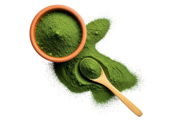 Green powder in bowl and spoon isolated on a transparent background