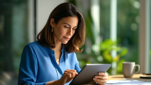 A woman uses a tablet for tax return calculations filling out VAT forms online her desk with financial papers and a tea mug morning light streaming in tax return preparation