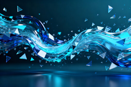 Abstract blue wave with floating triangles