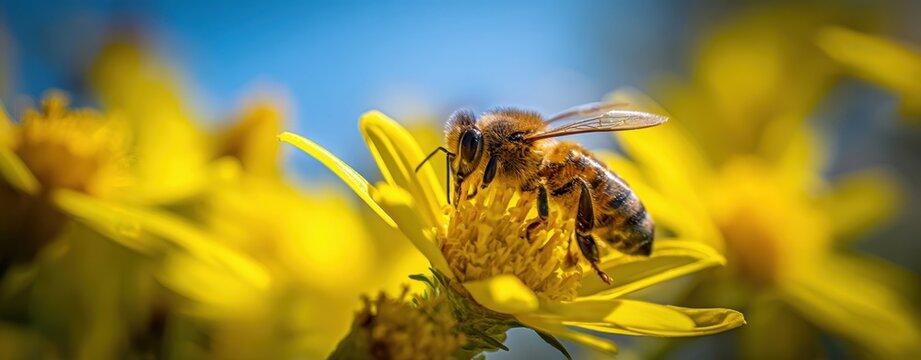 The bee gathering golden pollen on a sunlit yellow daisy in a meadow