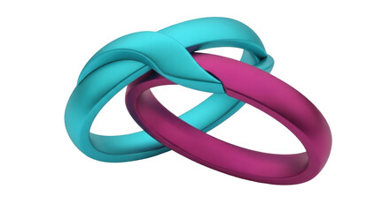 Isolated intertwined bands, two colorful rubber rings intertwined, connected together still life