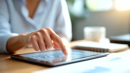 A businesswoman points to a virtual SEO icon on a tablet analyzing website traffic data her desk with a planner and a coffee cup sunlight streaming in SEO optimization digital - Powered by Adobe