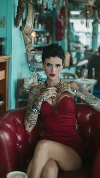 Close-Up de Mujer Pin-Up Tatuada y Elegante en Caf&eacute; Lounge | Video Vertical 4K

