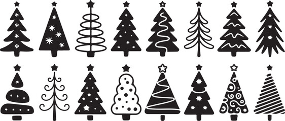 Christmas tree cartoon black glyph set. Hand drawing monochrome xmas trees collection. New Year traditional design ornaments, stars or garlands. Stylized symbol for holiday flat vector illustration