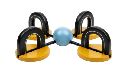 Isolated Wooden Children's Toy, Four Yellow Arches Supporting Blue Sphere; Play and Skill Aid