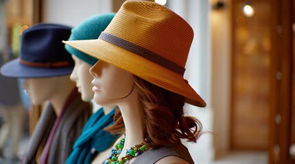 Elegant hats on display in boutique window: fashion accessories highlight in urban setting - Powered by Adobe