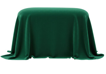 Emerald green velvet fabric draped over object isolated, luxurious textile material for product...