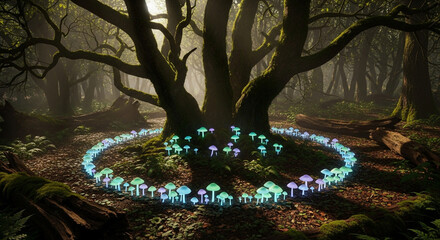 A mystical circle of glowing mushrooms surrounds an ancient tree in a dark forest, creating an enchanting and magical atmosphere