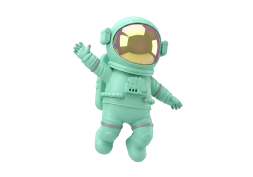 Mint green astronaut floating isolated PNG, spaceman in zero gravity for kids design and space exploration concepts