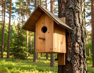 Wooden birdhouse in forest