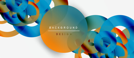 Abstract flowing shapes, vibrant blues, oranges create dynamic background. Modern design elements offer visual interest.