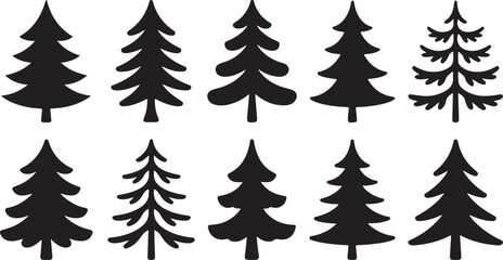 Fototapeta premium Christmas tree silhouette stamp black glyph set. Holiday sticker different shape forest natural evergreen object. Monochrome element for holiday card decor new year simple print simple isolated white