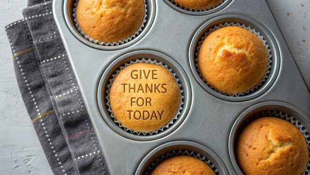 Baked cornbread muffins in a metal tray displaying thanks message