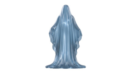 Isolated ethereal iridescent ghost or ghoul draped in fabric, otherworldly form mystic entity