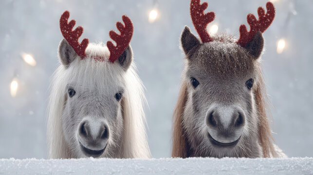 Two cute ponies with reindeer antlers in a snowy setting. Soft focus background with warm lights creates a festive atmosphere.