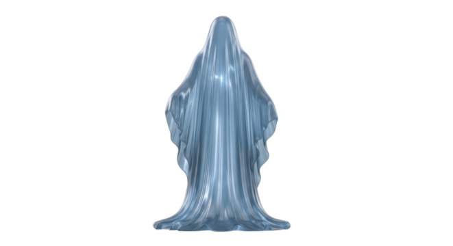 Isolated ethereal iridescent ghost or ghoul draped in fabric, otherworldly form mystic entity