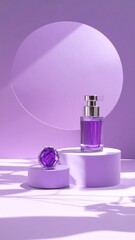 Purple fragrance bottle and jewel display on a lilac background