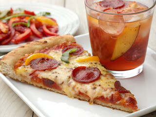 a piece of pizza and a glass of juice