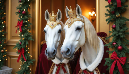 Two white horses wearing crowns and red capes stand in front of a festive backdrop adorned with green garlands and lights.