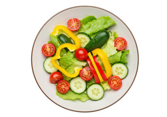Fresh salad with lettuce, tomatoes, cucumbers, and yellow pepper isolated on white, healthy eating and vegetarian diet