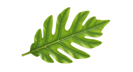 Isolated bright green breadfruit leaf showing veins, lobes on neutral ground perfect for graphic design
