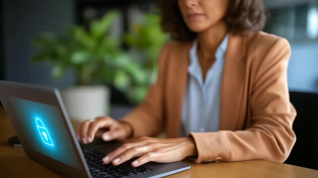 A businesswoman uses a laptop with a cybersecurity interface a digital padlock securing folders her office with a secure server model and plants cybersecurity protection data