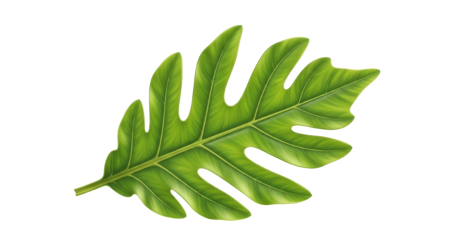 Isolated bright green breadfruit leaf showing veins, lobes on neutral ground perfect for graphic design