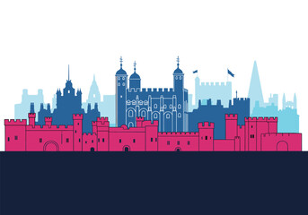 Obraz premium An illustrated view of the Tower of London cityscape featuring historic buildings and fortifications.