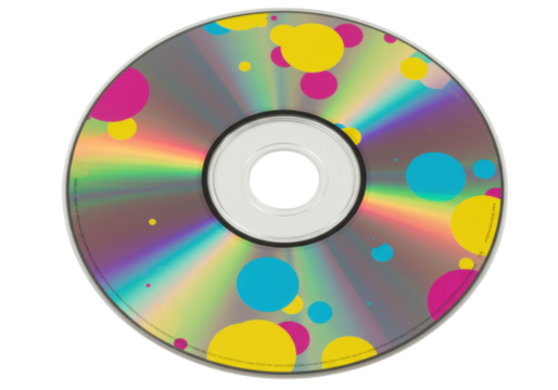 Colorful CD with yellow, pink, and blue dots isolated on transparent background, music storage media for audio and data