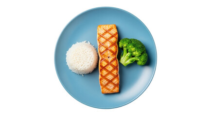 Isolated healthy grilled salmon, rice, and broccoli on blue plate for nutritious meal