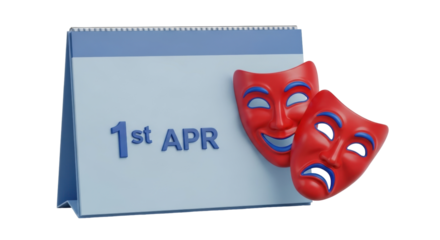 Isolated calendar showing April 1st with happy and sad theatrical masks, April fools day