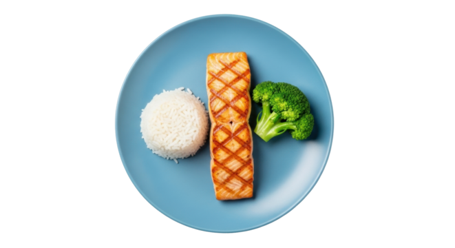 Isolated healthy grilled salmon, rice, and broccoli on blue plate for nutritious meal - Powered by Adobe