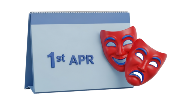 Isolated calendar showing April 1st with happy and sad theatrical masks, April fools day
