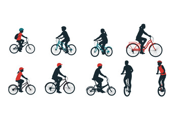 Obraz premium Various people riding bicycles and unicycles in silhouette.