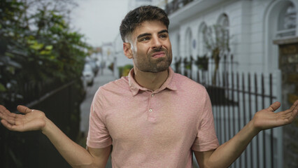 Man in pink polo shirt shrugs shoulders on city street lined with black iron railings and lush...