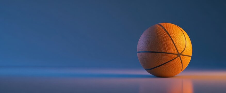 The vibrant basketball resting on the surface with a captivating blue background.