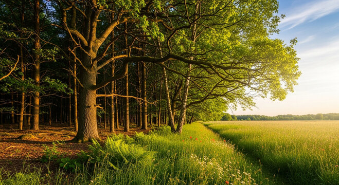 A scenic view of a lush green forest with tall trees and a vibrant meadow under a bright blue sky on a sunny day - Powered by Adobe