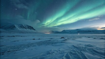 Naklejka premium Majestic Northern Lights Illuminate Frozen Landscape Under Starry Sky in Remote Arctic Wilderness at Night