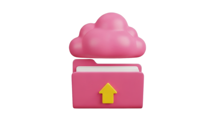 Isolated pink cloud above a folder with arrow up, data storage, cute and whimsical concept