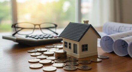 Miniature house with coins representing home finance investment